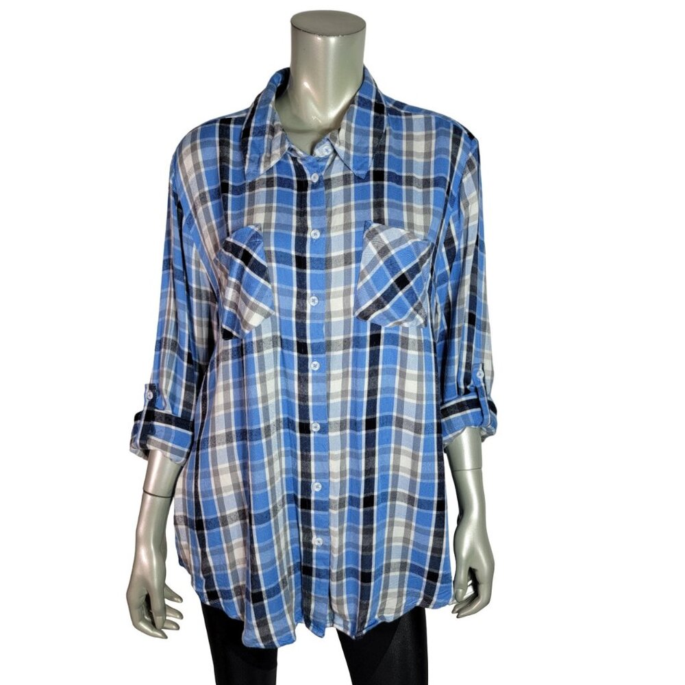 Lane Bryant Flannel Top Plus Size 20 Rayon Pockets Roll‎ Tab Sleeves Plaid Blue